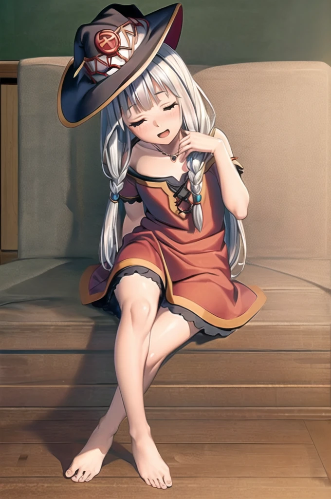 ((masterpiece)), (best quality), (ultra-detailed), photorealistic, (best illustration), ((an extremely delicate and beautiful)), 1girl, solo, long hair, tiger ears, white hair, two-tone hair, facing viewer, barefoot, megumin clothes, witch hat, megumin hat, closed eyes, short sleeves, indoors, low twin braids, twin braids, hair ornament, blush, head tilt, upper teeth, flat chest, young, aged down, happy, collarbone, necklace, hat, witch hat, megumin hat,