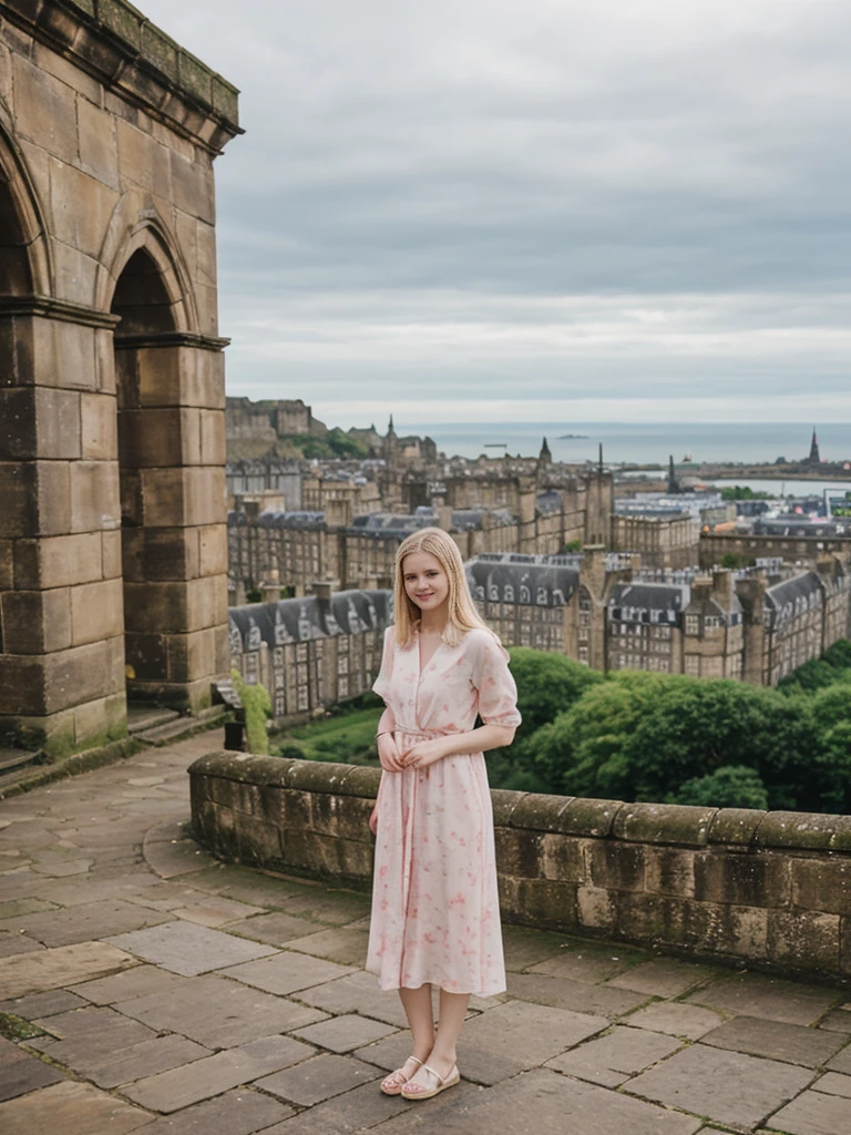 her name is Marie, high quality, 1girl, ((20-year-old fit Caucasian woman)), ((20 years old)), ((fit)), ((pale skin tone)), medium length straight blonde hair , wearing Pastel Pink Tie-Dye Maxi Dress, pose: standing, background: Detail the panoramic vistas from Edinburgh Castle, Scotland, where visitors can see the historic city of Edinburgh spread out below, framed by rolling hills and the distant sea.