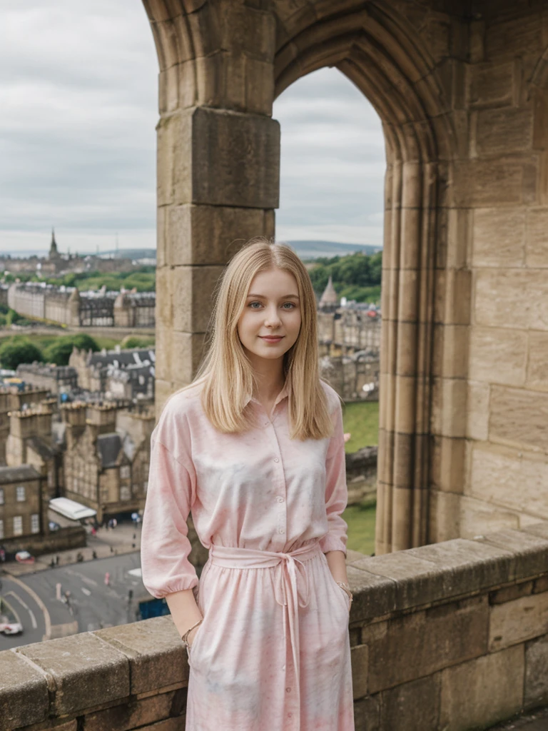 her name is Marie, high quality, 1girl, ((20-year-old fit Caucasian woman)), ((20 years old)), ((fit)), ((pale skin tone)), medium length straight blonde hair , wearing Pastel Pink Tie-Dye Maxi Dress, pose: standing, background: Detail the panoramic vistas from Edinburgh Castle, Scotland, where visitors can see the historic city of Edinburgh spread out below, framed by rolling hills and the distant sea.