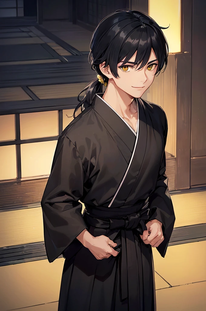 (masterpiece; best quality: 1.2), (finely detailed eyes: 1.3), ((ung man)), ((solo)), (yellow eyes: 1.4), (masculine; lean, toned: 1.3), (short black hair in low ponytail: 1.3), (beautiful and clear background: 1.2), ((depth of field)), (clothes: all-black ronin hakama + all-black ronin kimono: 1.3), (anime illustration: 1.2), (background; old japanese mansion exterior+ night: 1.1), (extremely fine and handsome: 1.1), (shot composition; standing + close-up: 1.5), (expression; calm, smile: 1.2)