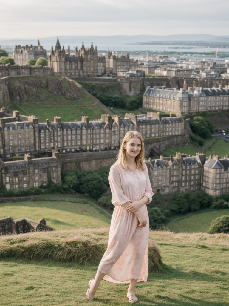 her name is Marie, high quality, 1girl, ((20-year-old fit Caucasian woman)), ((20 years old)), ((fit)), ((pale skin tone)), medium length straight blonde hair , wearing Pastel Pink Tie-Dye Maxi Dress, pose: standing, background: Detail the panoramic vistas from Edinburgh Castle, Scotland, where visitors can see the historic city of Edinburgh spread out below, framed by rolling hills and the distant sea.