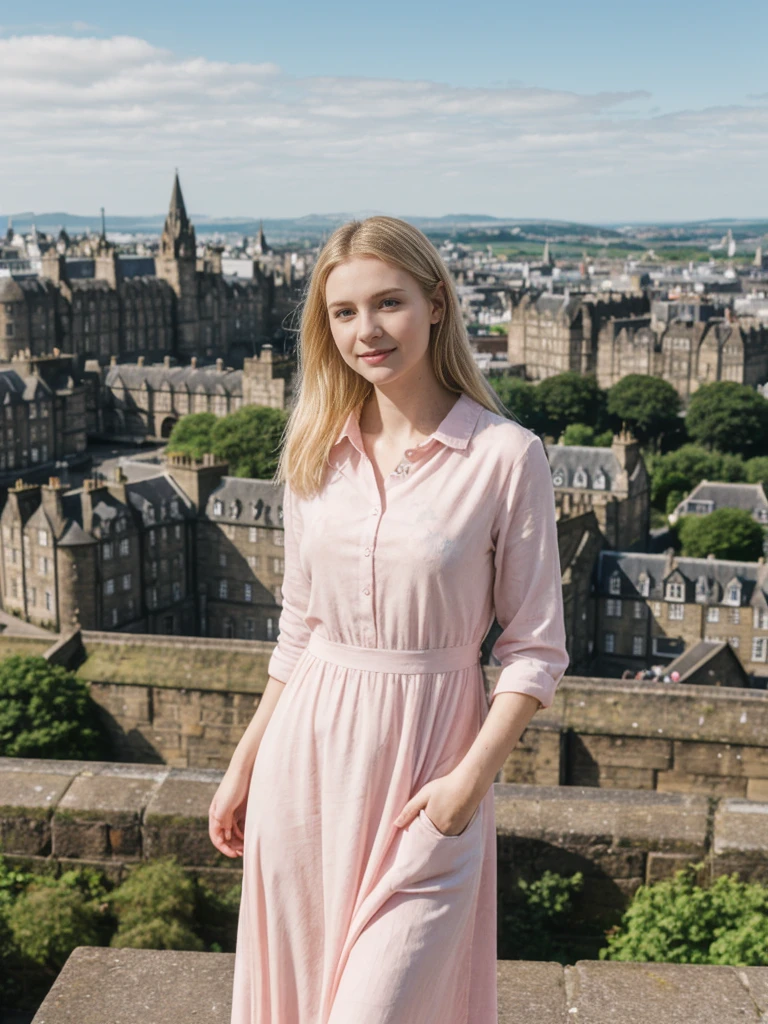 her name is Marie, high quality, 1girl, ((20-year-old fit Caucasian woman)), ((20 years old)), ((fit)), ((pale skin tone)), medium length straight blonde hair , wearing Pastel Pink Tie-Dye Maxi Dress, pose: standing, background: Detail the panoramic vistas from Edinburgh Castle, Scotland, where visitors can see the historic city of Edinburgh spread out below, framed by rolling hills and the distant sea.