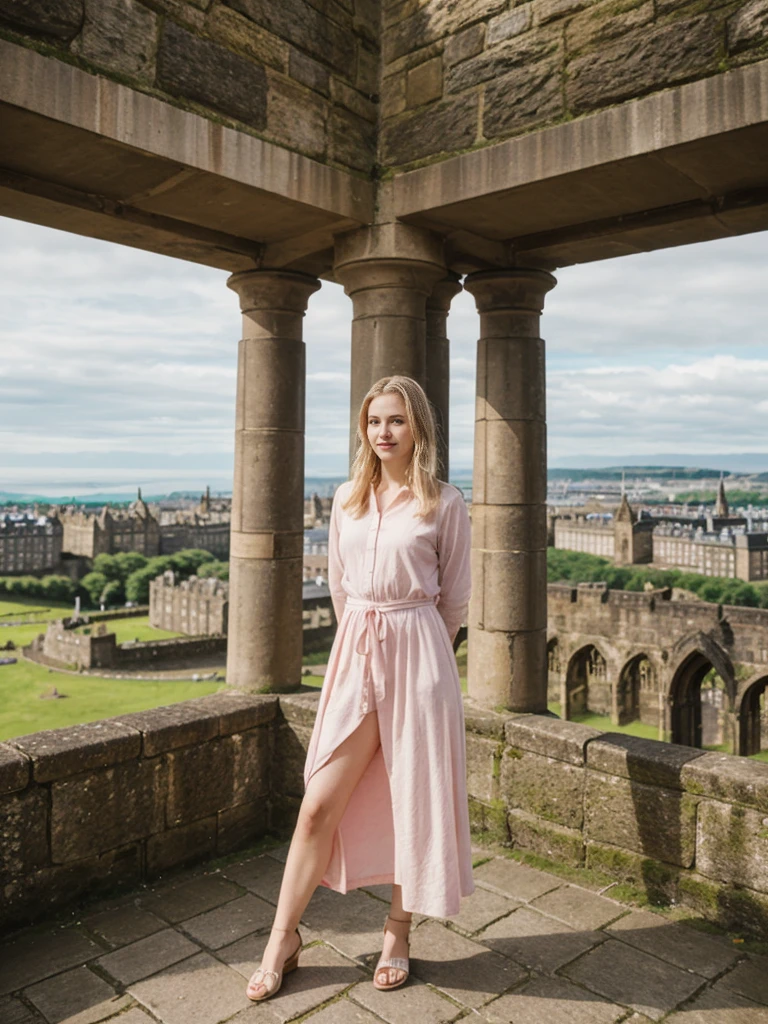 her name is Marie, high quality, 1girl, ((20-year-old fit Caucasian woman)), ((20 years old)), ((fit)), ((pale skin tone)), medium length straight blonde hair , wearing Pastel Pink Tie-Dye Maxi Dress, pose: standing, background: Detail the panoramic vistas from Edinburgh Castle, Scotland, where visitors can see the historic city of Edinburgh spread out below, framed by rolling hills and the distant sea.