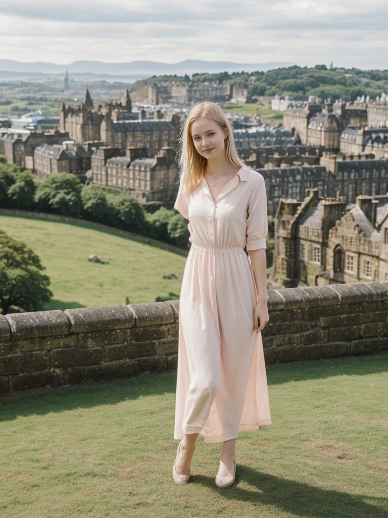 her name is Marie, high quality, 1girl, ((20-year-old fit Caucasian woman)), ((20 years old)), ((fit)), ((pale skin tone)), medium length straight blonde hair , wearing Pastel Pink Tie-Dye Maxi Dress, pose: standing, background: Detail the panoramic vistas from Edinburgh Castle, Scotland, where visitors can see the historic city of Edinburgh spread out below, framed by rolling hills and the distant sea.