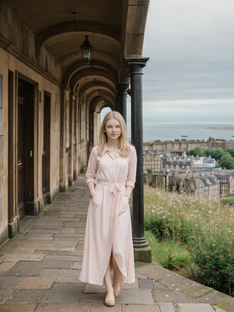 her name is Marie, high quality, 1girl, ((20-year-old fit Caucasian woman)), ((20 years old)), ((fit)), ((pale skin tone)), medium length straight blonde hair , wearing Pastel Pink Tie-Dye Maxi Dress, pose: standing, background: Detail the panoramic vistas from Edinburgh Castle, Scotland, where visitors can see the historic city of Edinburgh spread out below, framed by rolling hills and the distant sea.