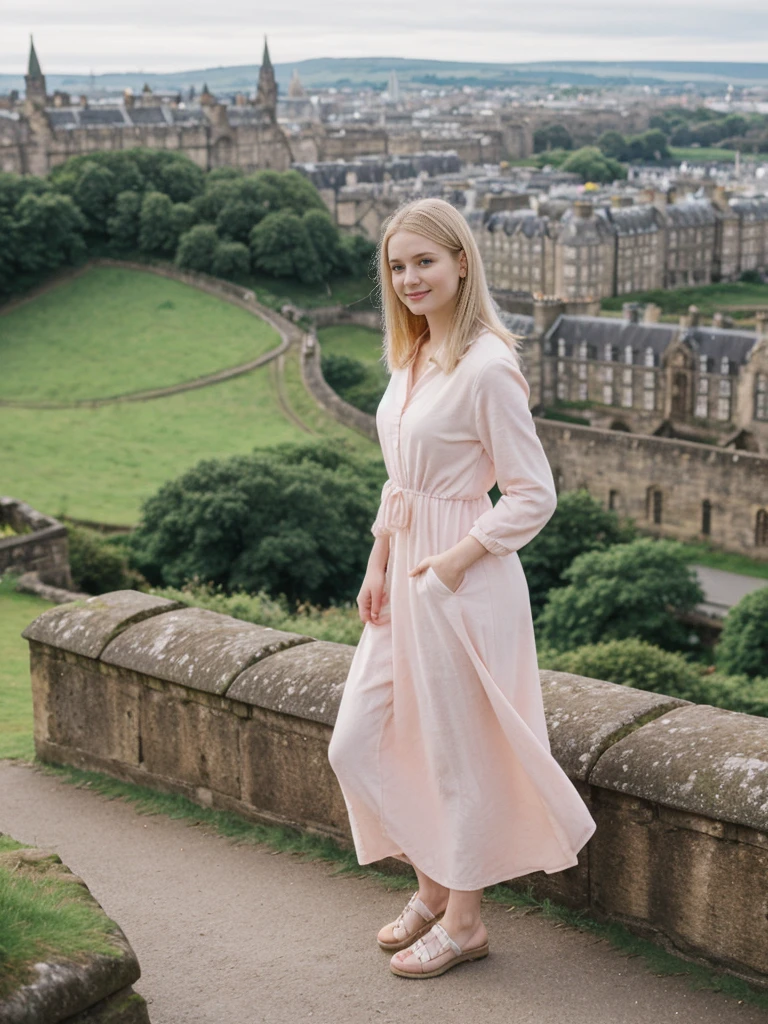 her name is Marie, high quality, 1girl, ((20-year-old fit Caucasian woman)), ((20 years old)), ((fit)), ((pale skin tone)), medium length straight blonde hair , wearing Pastel Pink Tie-Dye Maxi Dress, pose: standing, background: Detail the panoramic vistas from Edinburgh Castle, Scotland, where visitors can see the historic city of Edinburgh spread out below, framed by rolling hills and the distant sea.