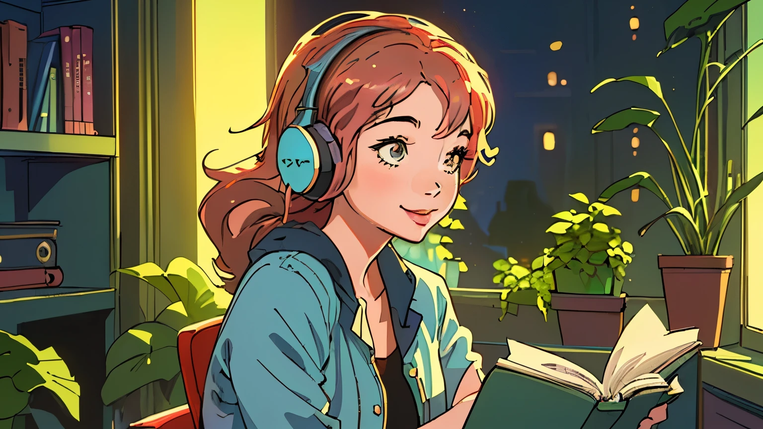 (Highest quality, masterpiece), One girl, 1980s \(style\), pin up \(style\), Upper Body,particle, night､Upper Body,headphone､I read a book,The background is my room with lots of houseplants,Warm lighting,Anime Style,smile