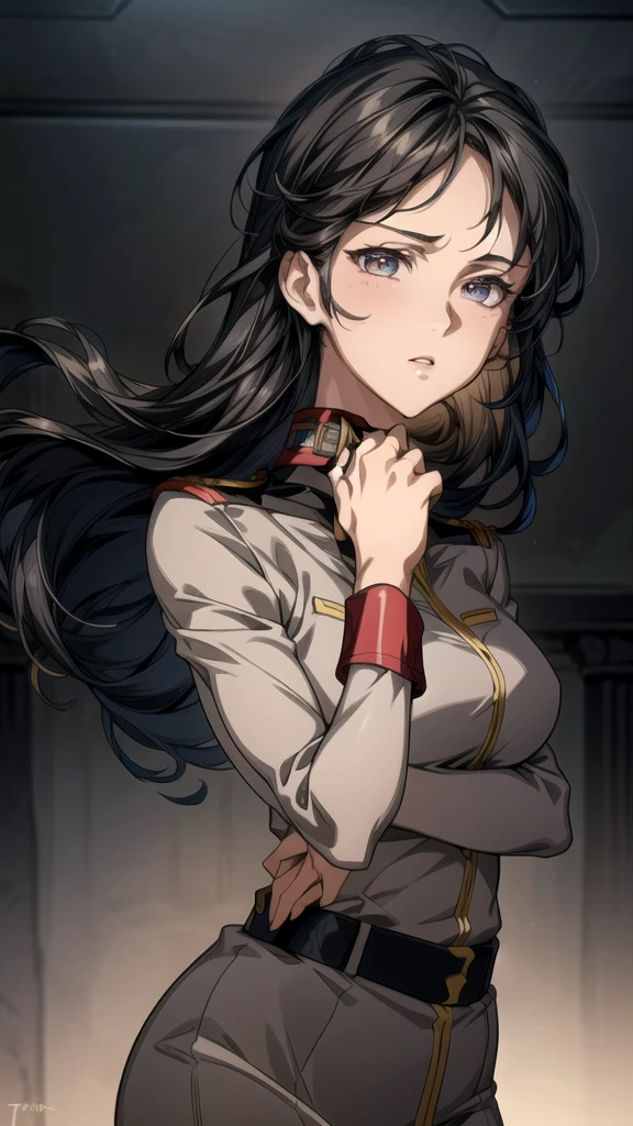 1girl, solo, detailed skin, ultra realistic 8k cg, picture-perfect face, flawless, clean, masterpiece, professional artwork, famous artwork, cinematic lighting, cinematic bloom, ((beautiful eyes)), intricate iris, (((perfect hands))), (extremely detailed background), ((dynamic background)), beautiful detailed girl, beautiful detailed nose, light on face, looking at viewer,black hair, long hair, (eff officer, uniform), military uniform,