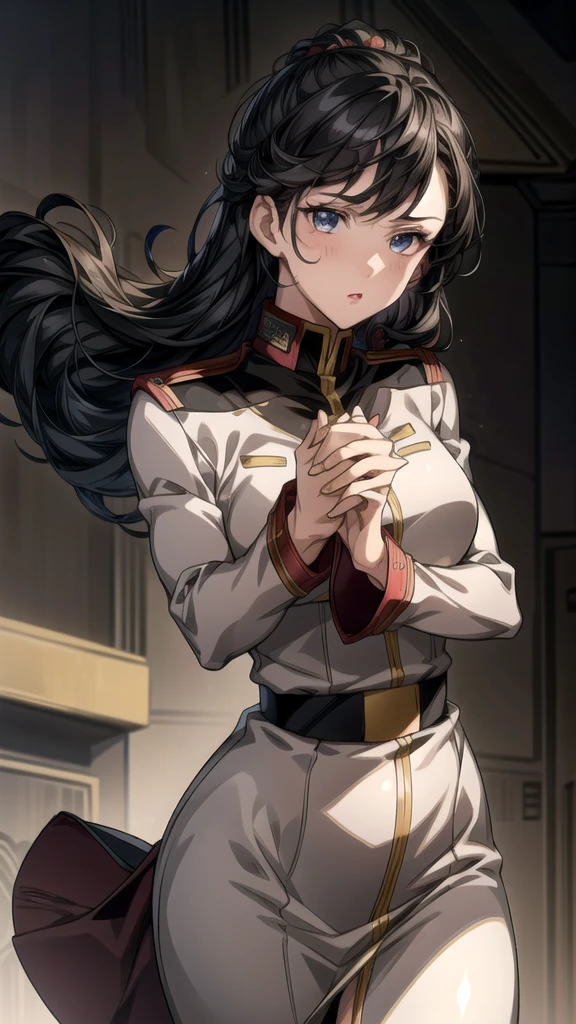 1girl, solo, detailed skin, ultra realistic 8k cg, picture-perfect face, flawless, clean, masterpiece, professional artwork, famous artwork, cinematic lighting, cinematic bloom, ((beautiful eyes)), intricate iris, (((perfect hands))), (extremely detailed background), ((dynamic background)), beautiful detailed girl, beautiful detailed nose, light on face, looking at viewer,black hair, long hair, (eff officer, uniform), military uniform,