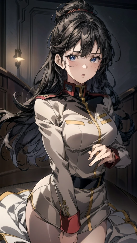 1girl, solo, detailed skin, ultra realistic 8k cg, picture-perfect face, flawless, clean, masterpiece, professional artwork, famous artwork, cinematic lighting, cinematic bloom, ((beautiful eyes)), intricate iris, (((perfect hands))), (extremely detailed background), ((dynamic background)), beautiful detailed girl, beautiful detailed nose, light on face, looking at viewer,black hair, long hair,  (eff officer, uniform), military uniform,
