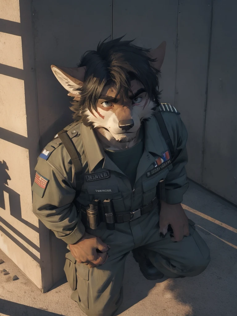 Male, male focus, Wolf, black fur, white fur, short hair, black hair, red heart stripes on his hair, realistic eyes, scar, 20 years old, navy seal military uniform, military cruiser, dramatic effect, dramatic light, shadow, shade, higlight, high quality, high details, High detailed image, high quality image, Very detailed shadows, high detail shadows, night