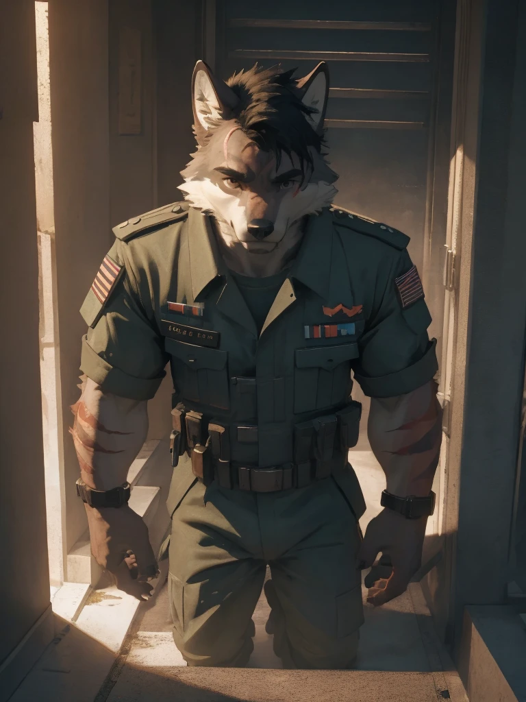Male, male focus, Wolf, black fur, white fur, short hair, black hair, red heart stripes on his hair, realistic eyes, scar, 20 years old, navy seal military uniform, military cruiser, dramatic effect, dramatic light, shadow, shade, higlight, high quality, high details, High detailed image, high quality image, Very detailed shadows, high detail shadows, night