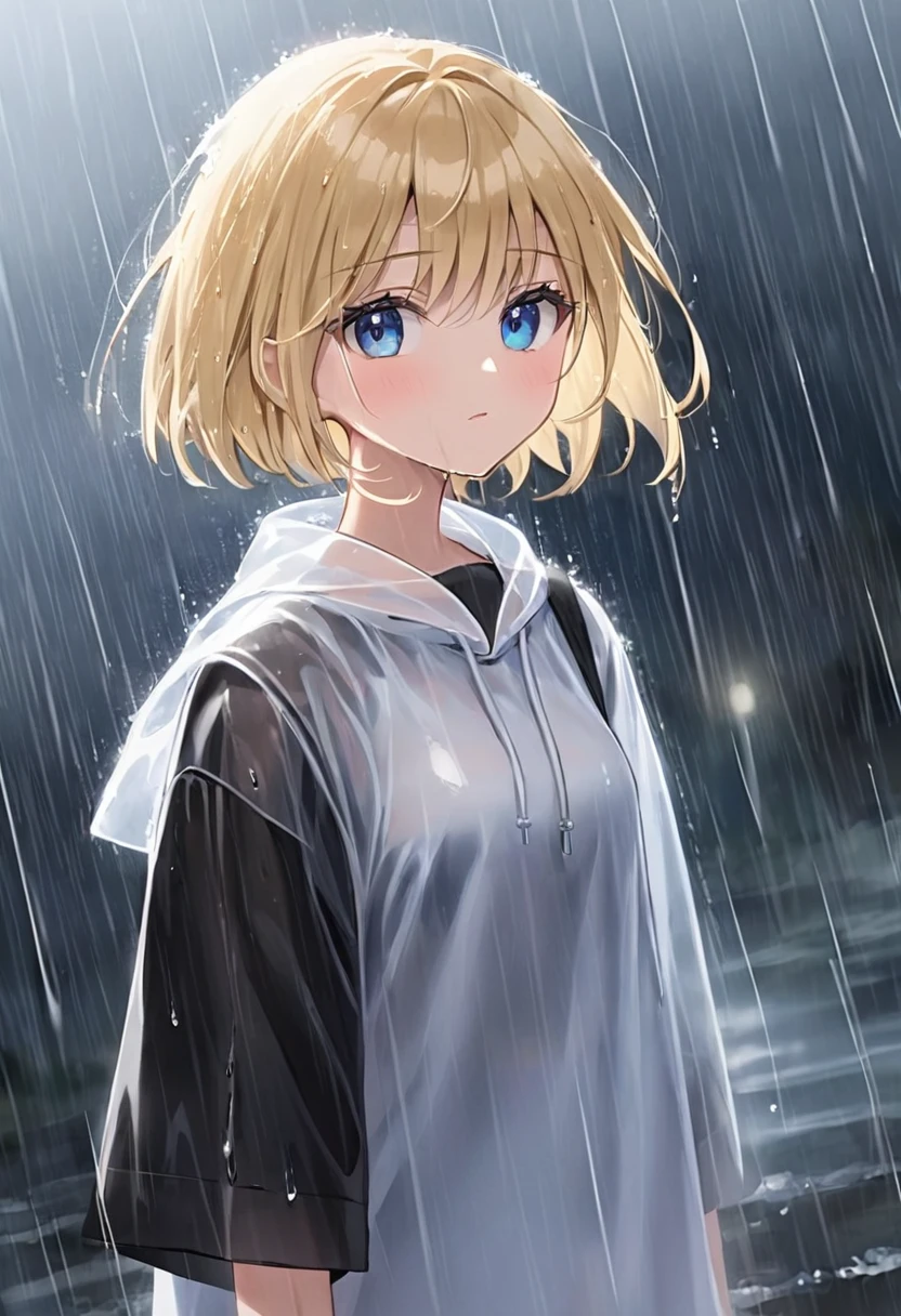 Girl, very short blonde hair, blue eyes, wearing a simple , in the rain.