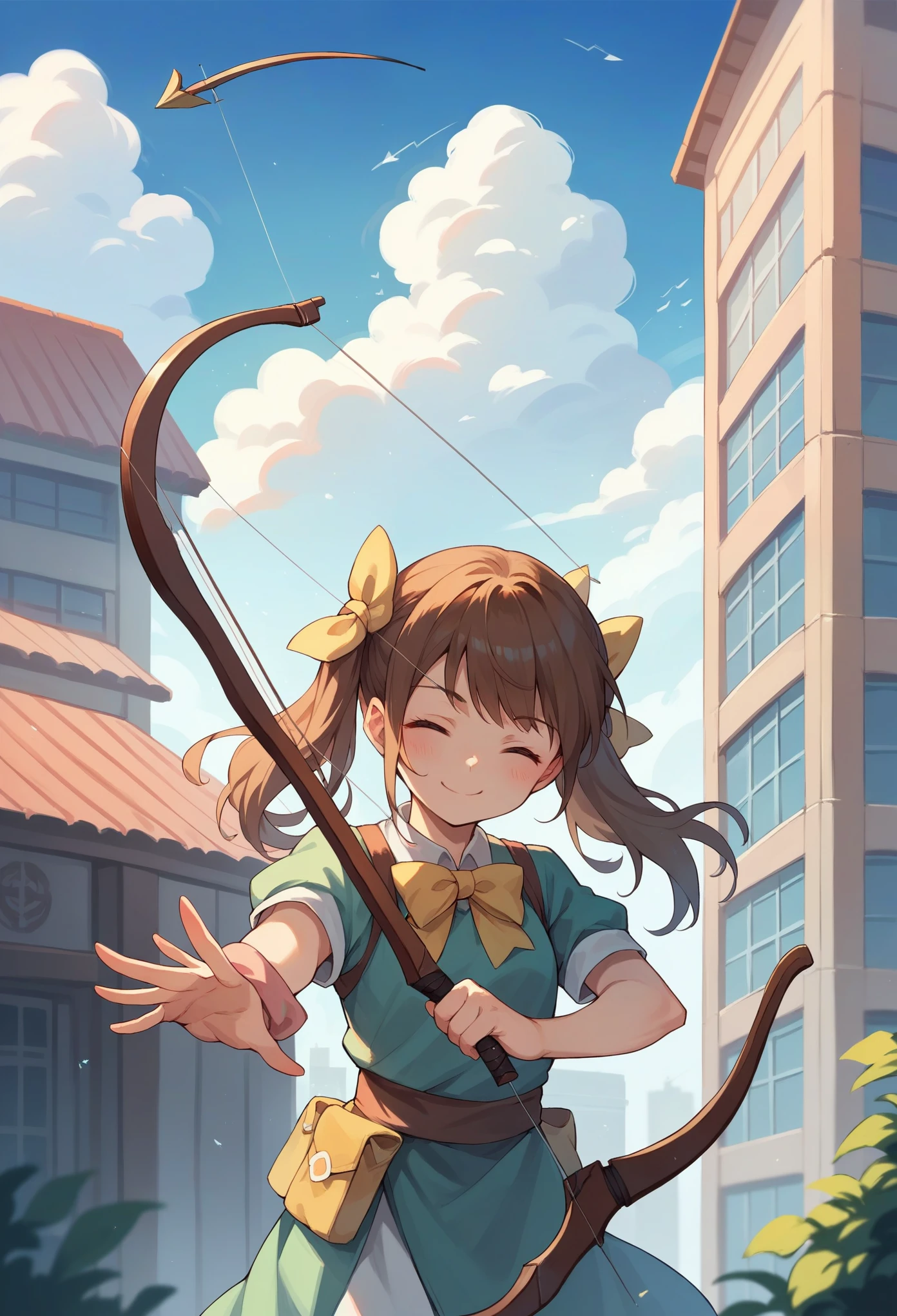 1girl, solo, long hair, blush, smile, brown hair, bow, twintails, closed eyes, weapon, short sleeves, hair bow, sky, day, blue sky, building, facing viewer, yellow bow, bow (weapon), arrow (projectile)