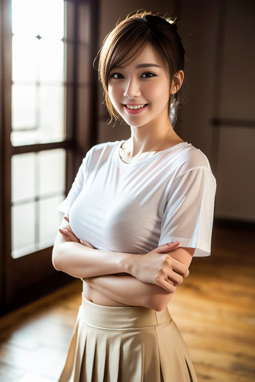 (a gorgeous lady, age 18, white T-shirt, pleated mini-skirt, standing in ballet room, shy expression, dimples, cute snaggle-tooth, short hair ponytail, photorealistic, beautiful detailed face, beautiful detailed eyes, ample round bosom, hyper-realism, high contrast, ultra HD, realistic skin textures, top image quality, top-quality, super high resolution, fine details, very meticulously, masterpiece, head to thigh, the Cowboy shot, romantic feel, bokeh background)