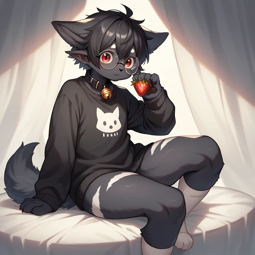 Furry wolf all black, black fur, pointy wolf ears, black ears, face with black hair, strawberry red eyes, god of eyes, detailed artwork, black fur, skin detailed, cute fur, black short hair, black belly, shiny hair, Round glasses without lenses, Black glasses, Black sweater with white stripes, white silk socks Gray stripes, cute thighs, detailed thighs, black thighighs, cute paws, black collar with white bell, cute wolf, hair on thighs, sitting on legs, kemono furry