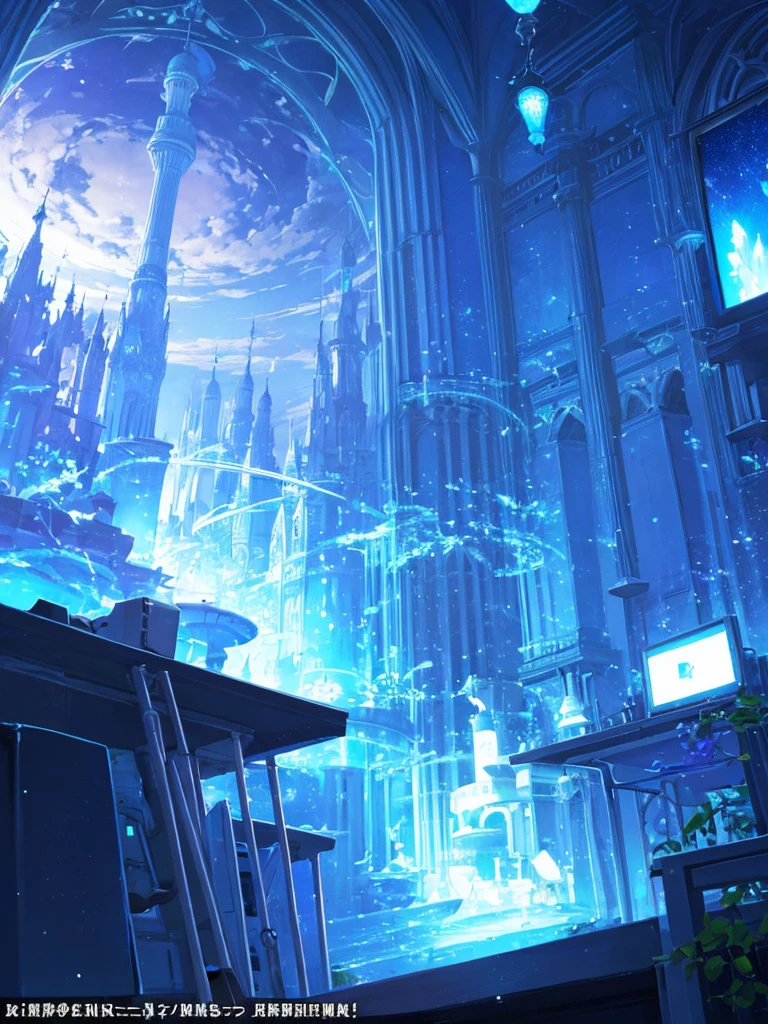 A tranquil scene unfolds in a magical lab setting: a laptop with a glowing screen rests on a desk by a large window, showcasing a serene moonlit landscape. Blue neons softly illuminate white flowers next to a tablet and PC monitor. A vocal microphone and headphones hint at creativity buzzing in the air. This anime-inspired digital painting, winning a pixiv contest, exudes a cozy, enchanting ambiance, captivating viewers with its blend of mystical realism and fairy tale allure.