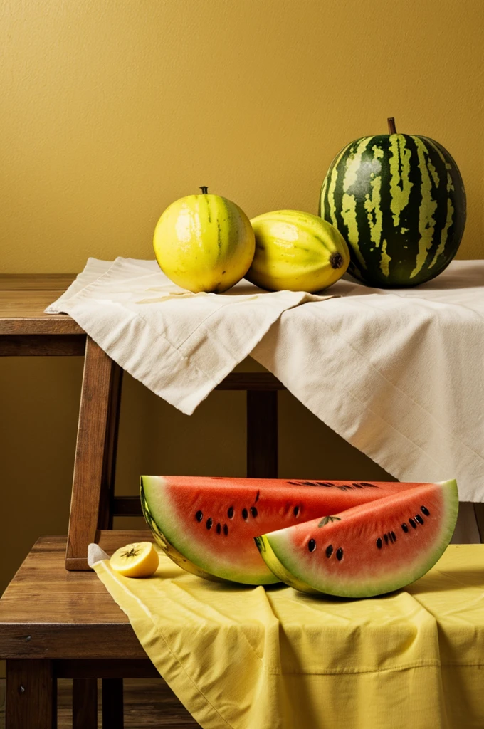 Still life of banana and water melon on a yellow tablecloth 