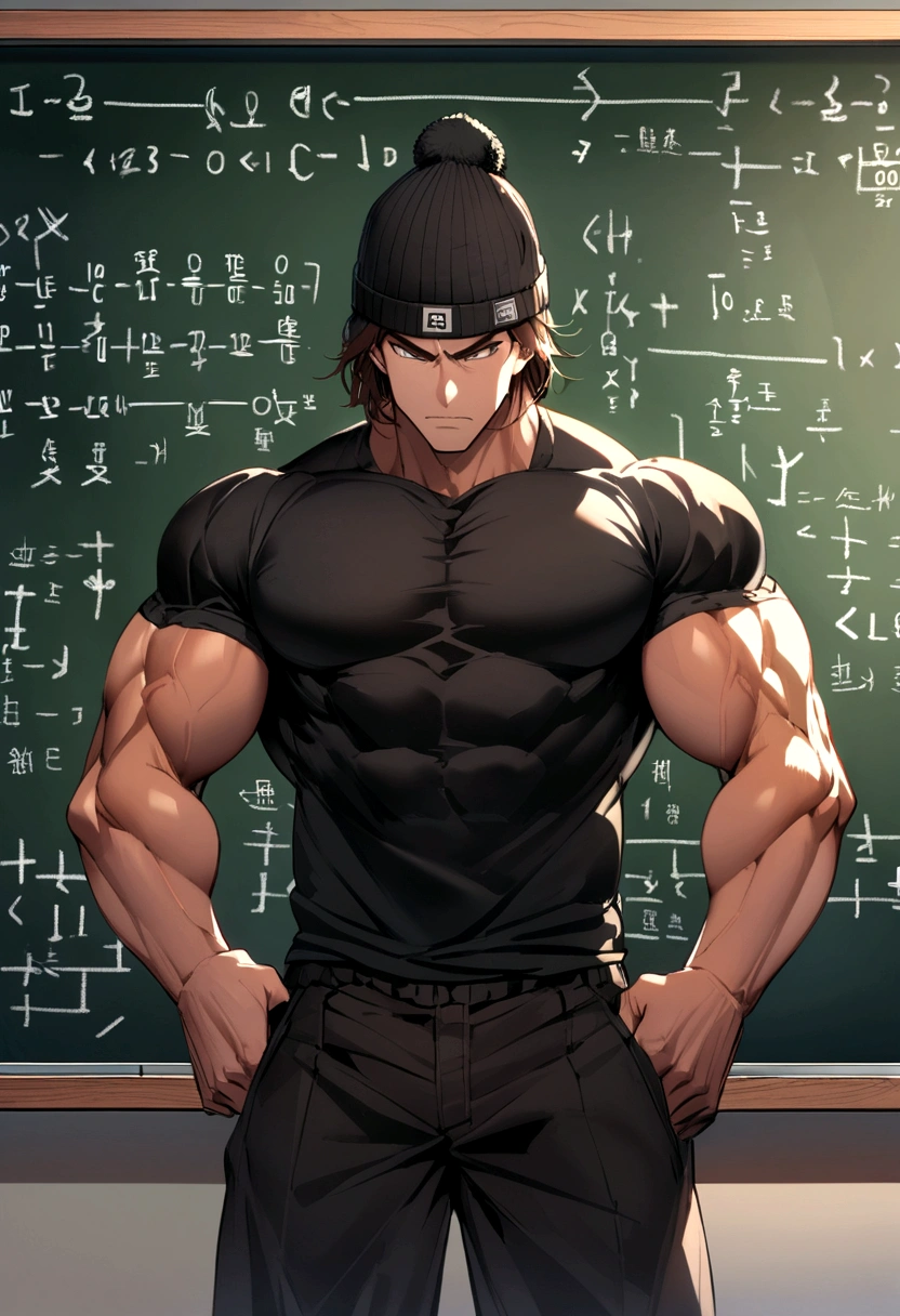 muscular guy with medium long brown bangs hair and black beanie hat black clothes writing very complicated equations on a blackboard