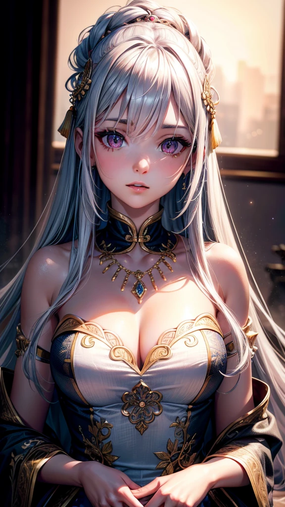 best quality, masterpiece, highres, 1girl,china wedding dress,hair ornament,necklace, jewelry,Beautiful face,upon_body, tyndall effect,photorealistic, dark studio, rim lighting, two tone lighting,(high detailed skin:1.2), 8k uhd, dslr, soft lighting, high quality, volumetric lighting, candid, Photograph, high resolution, 4k, 8k, Bokeh, silver hair, long hair, pink eyes