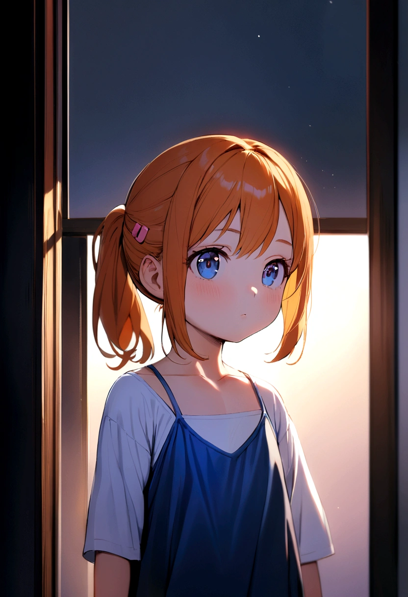 6  girl, orange hair, shoulder length ponytail, pink clip, dark blue eyes, blue spaghetti strap dress, white t-shirt inside.