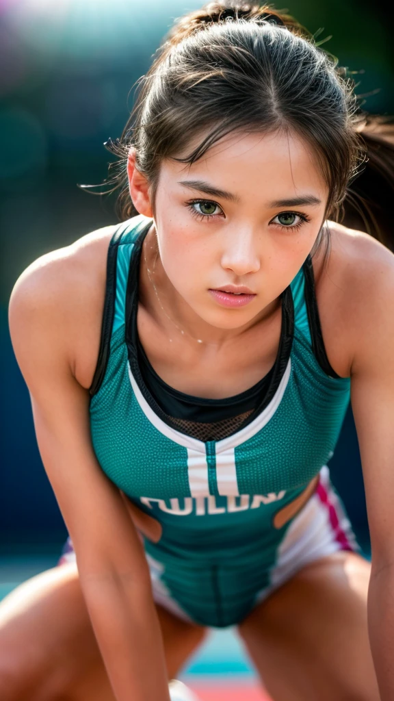 A beautiful female  track athlete, crouching start, starting dash, 1girl, beautiful detailed eyes, beautiful detailed lips, extremely detailed eyes and face, long eyelashes, athletic muscular body, athletic pose, running, movement, speed, dynamic, (best quality,4k,8k,highres,masterpiece:1.2),ultra-detailed,(realistic,photorealistic,photo-realistic:1.37),vibrant colors, dramatic lighting, cinematic composition, professional photography, studio lighting