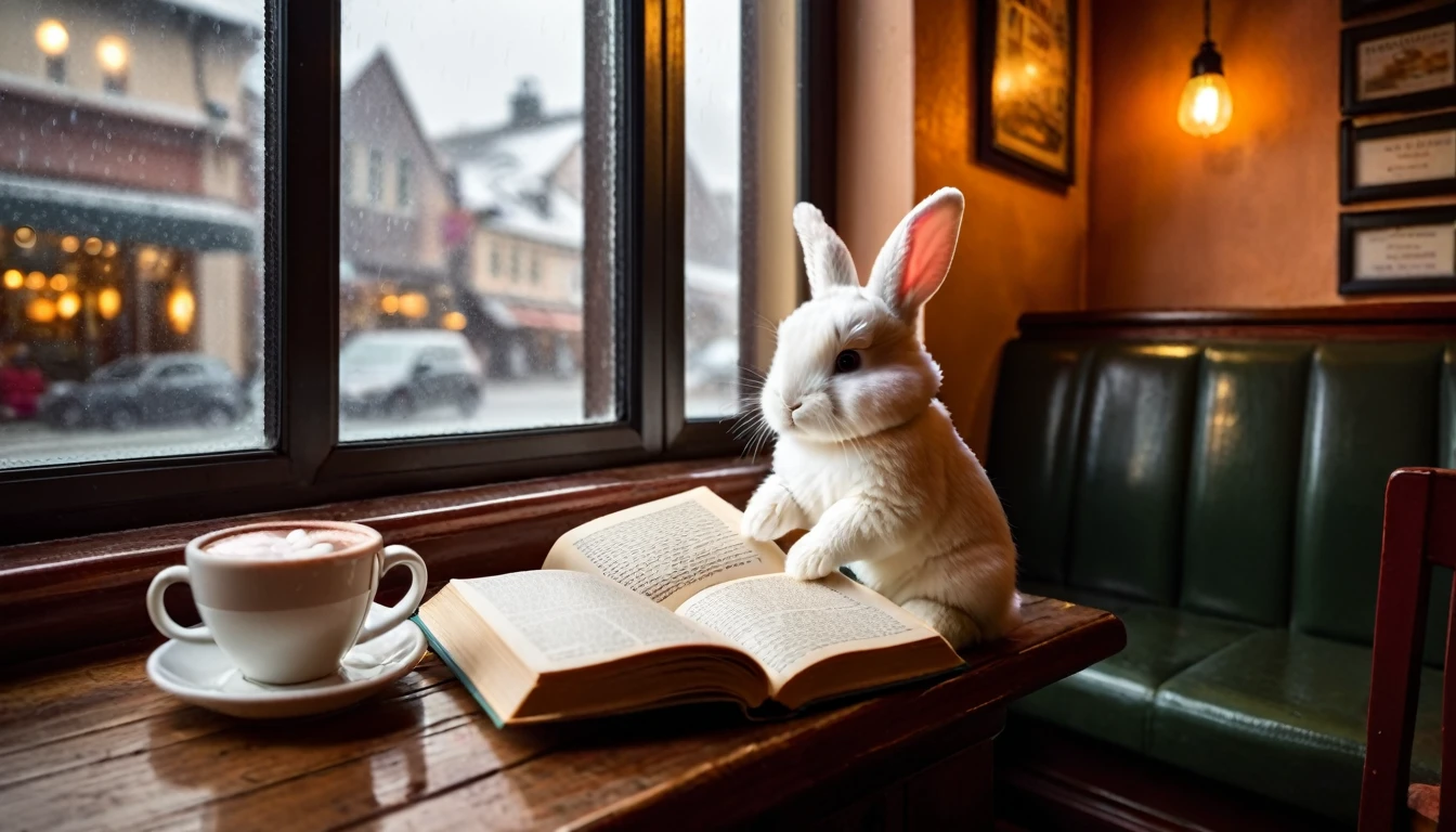 It's raining outside. A scene from a cafe with a warm atmosphere. An anthropomorphized baby rabbit is reading a book while drinking hot chocolate at a window seat. The warm light and calm expression are impressive.