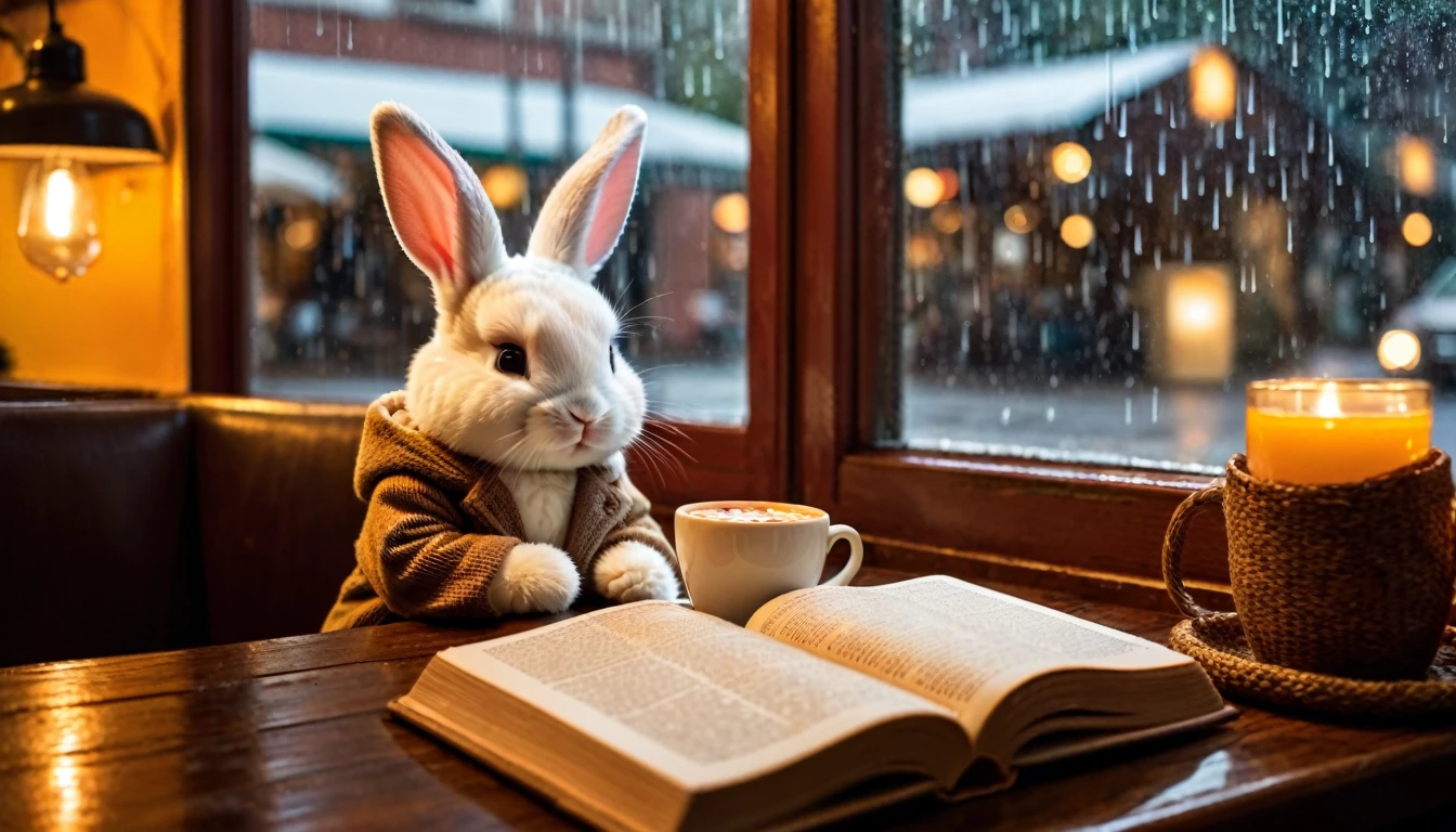 It's raining outside. A scene from a cafe with a warm atmosphere. An anthropomorphized baby rabbit is reading a book while drinking hot chocolate at a window seat. The warm light and calm expression are impressive.