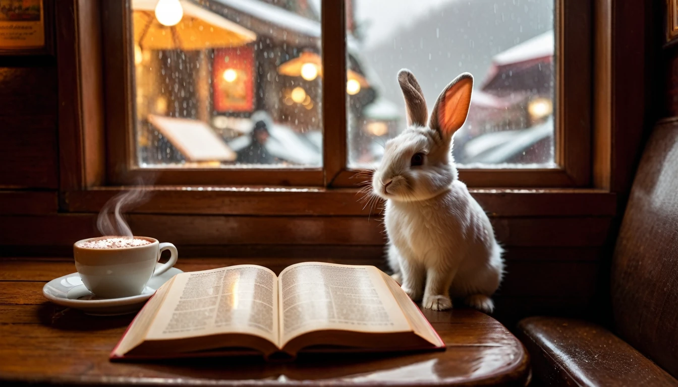 It's raining outside. A scene from a cafe with a warm atmosphere. An anthropomorphized baby rabbit is reading a book while drinking hot chocolate at a window seat. The warm light and calm expression are impressive.