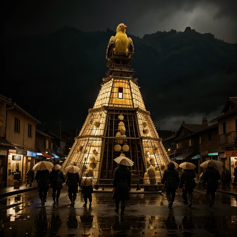 Giant bird canary 9 tails, traditional Village, war, Scary people, rain, black sky