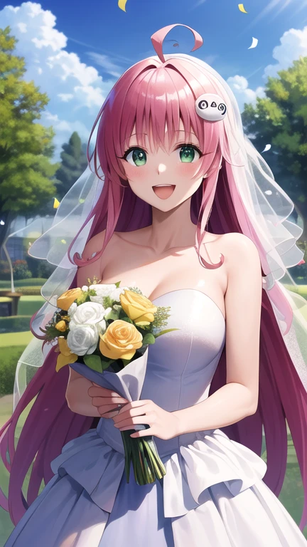 masterpiece, best quality, highres, aalala, long hair, ahoge, hair ornament, green eyes, breasts, wedding dress, white dress, strapless, garden, smile, holding bouquet, confetti, open mouth,