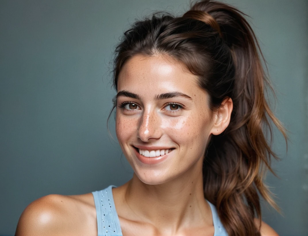 Portrait of Roberta Gemma, italian woman, 30 years old, face highly detailed, natural skin with light freckles, light make-up, hair up with a ponytail, smiling.