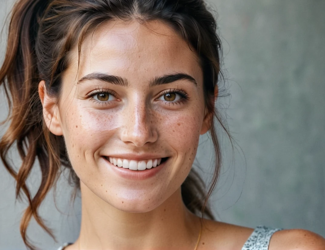 Portrait of Roberta Gemma, italian woman, 30 years old, face highly detailed, natural skin with light freckles, light make-up, hair up with a ponytail, smiling.