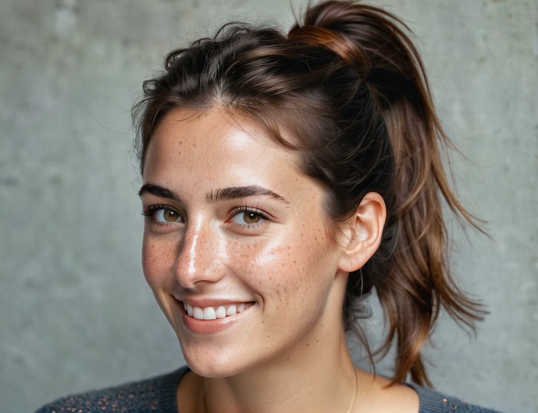 Portrait of Roberta Gemma, italian woman, 30 years old, face highly detailed, natural skin with light freckles, light make-up, hair up with a ponytail, smiling.