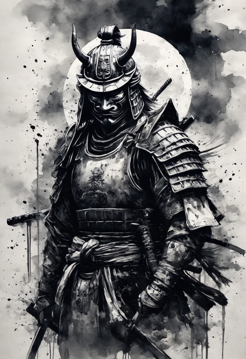 Black and white painting,Ink Painting,Draw a crescent moon with brush splashes,Cheek,(hannya face mask:1.2,samurai armor:1.2),(Placket, Armor and helmet of Oda Nobunaga,:1.2,),Warrior,Muscular,
