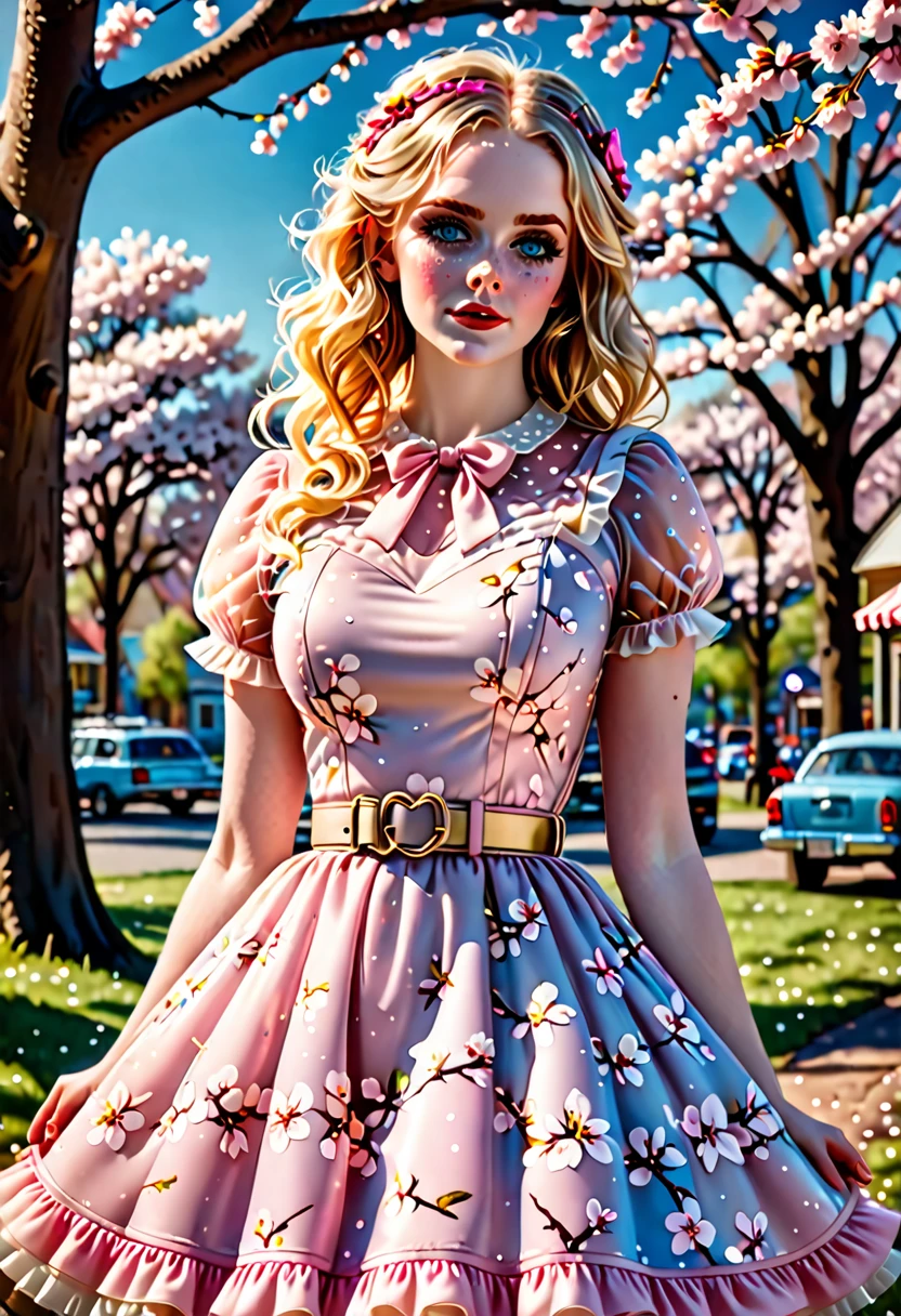 A beautiful sensual, curvy blonde kid wearing a sweet Pink Party Contrast Mesh, Ruffle Hem, All Over cherry blossoms Print, A Line, Short puff Sleeves, Sweetheart neckline, thin gold belt with tiny heart buckle, High Waist,Flounce hem Long gown, very long curling hair, cute, sweet, town picnic, warm party atmosphere, pretty, pretty lighting, 8k, octane render, detailed, detailed background, 35mm, realistic, photorealistic, perfect face, cherry blossoms barrettes in hair, freckles, American 