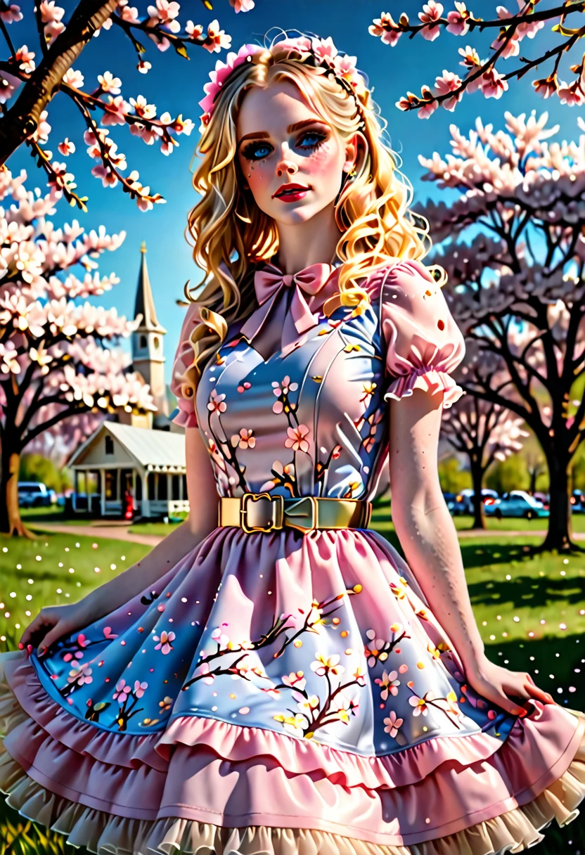 A beautiful sensual, curvy blonde kid wearing a sweet Pink Party Contrast Mesh, Ruffle Hem, All Over cherry blossoms Print, A Line, Short puff Sleeves, Sweetheart neckline, thin gold belt with tiny heart buckle, High Waist,Flounce hem Long gown, very long curling hair, cute, sweet, town picnic, warm party atmosphere, pretty, pretty lighting, 8k, octane render, detailed, detailed background, 35mm, realistic, photorealistic, perfect face, cherry blossoms barrettes in hair, freckles, American 