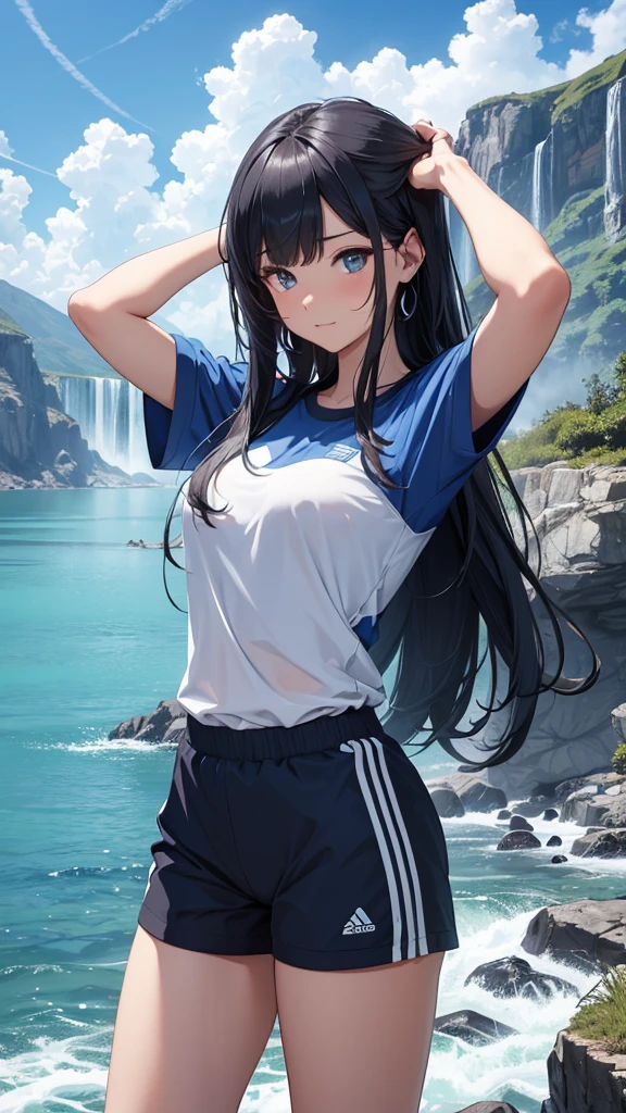 ({{high resolution,}},Masterpiece,ultra detailed,Best Quality,8k)cloud, sky, scenery, day, Blue_sky, mountain, cloudy_sky, outdoor, waterfall, Fancy, horizon, cliff, rock, water, landscape, mountainous_horizon, ocean, tree, River, floating_The same, beautiful woman, whole body, multicolor sportswear, dark blue hair, long hair, two arms, two legs