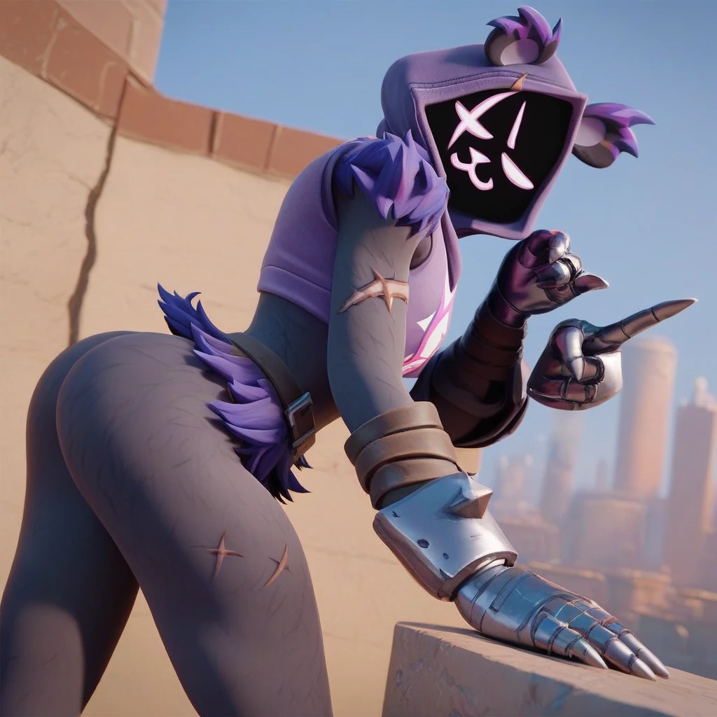 Raven team leader,purple hoodie, with no face, shadowed face, animal ears,purple skin, scar on eye, body skin, purple fur, waist belt, torso symbol, metal gloves, pointing your ass at the viewer, leaning forward, pushing, she closes her eyes, hands resting on top of a small wall, arms on top of a wall with her eyes closed, expression of force, stomachache, stomach growling. scenery and a sunny day