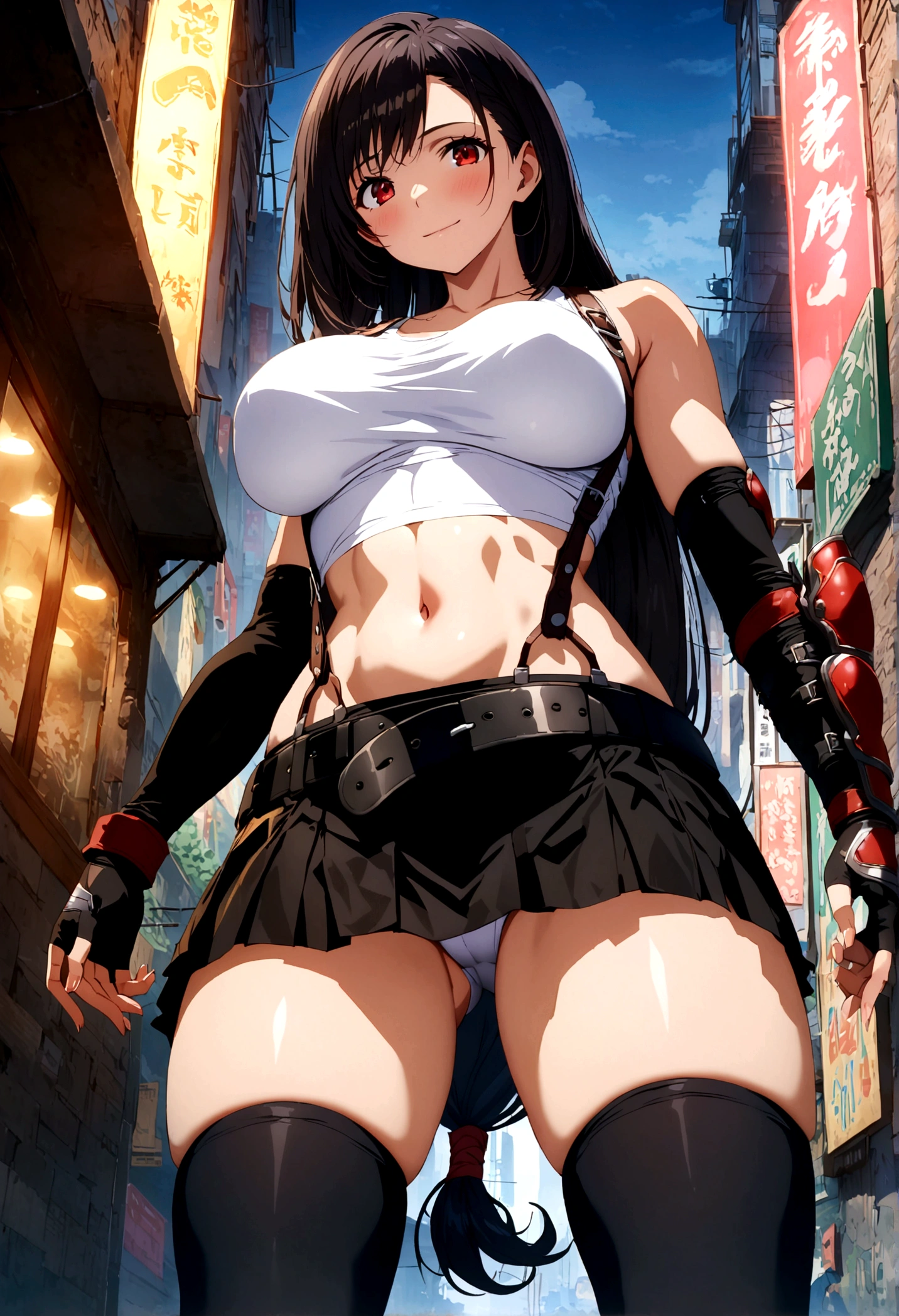 score_9, score_8_up, score_7_up,4k, ,BREAK , from below,from below,breast focus:1.3,below view.standing,straight-on,(,),,(upperbody:1.3),looking_at_viewer ,1girl, tifa lockhart, final fantasy, tareme,black hair, low-tied long hair, red eyes, bangs, white tank top, belt, pleated skirt, thighhighs, elbow fingerless gloves, elbow pads, midriff, navel,suspender skirt ,large_breasts,(light smile),Curvy waist ,Solo,,(midnight and beachside and city),Toned,,detailed skin,(best quality),(aesthetic,very aesthetic),masterpiece, highres,4k,(ultra-detailed:1.4) (illustration:0.4), (ray tracing,:0.7),(anime colored:0.7),(ai-generated:0.5), (anime screencap:0.8),megami magazine,