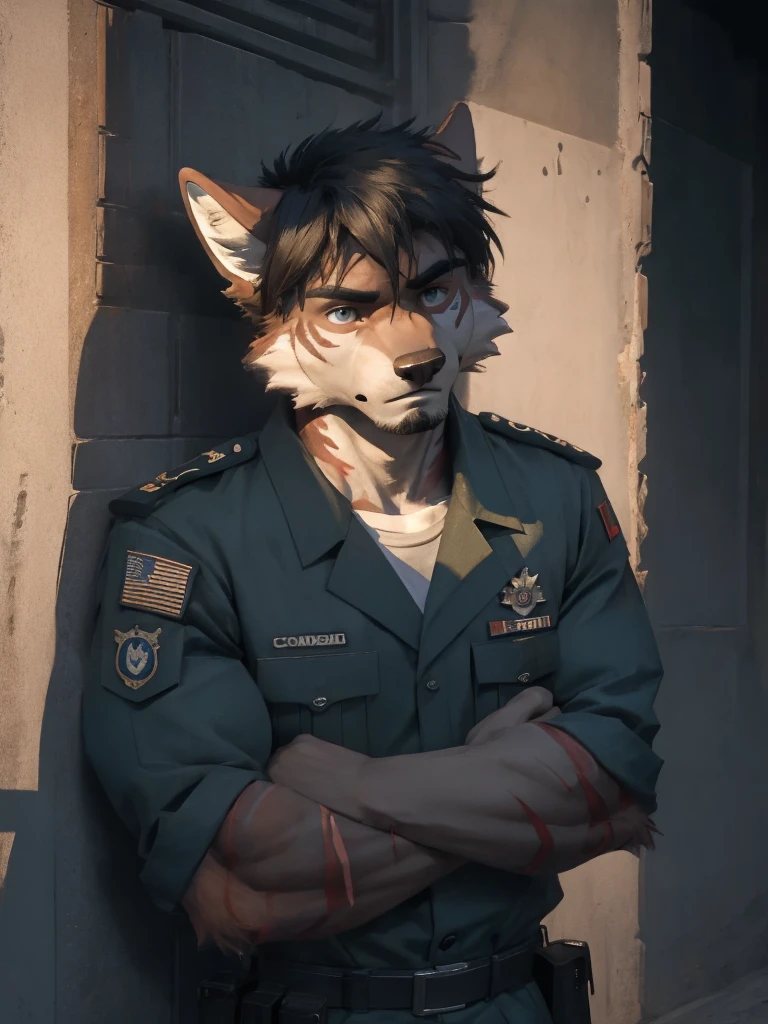 Male, male focus, Wolf, black fur, white fur, short hair, black hair, red heart stripes on his hair, realistic eyes, scar, 20 years old, navy seal military uniform, military cruiser, dramatic effect, dramatic light, shadow, shade, higlight, high quality, high details, High detailed image, high quality image, Very detailed shadows, high detail shadows, night