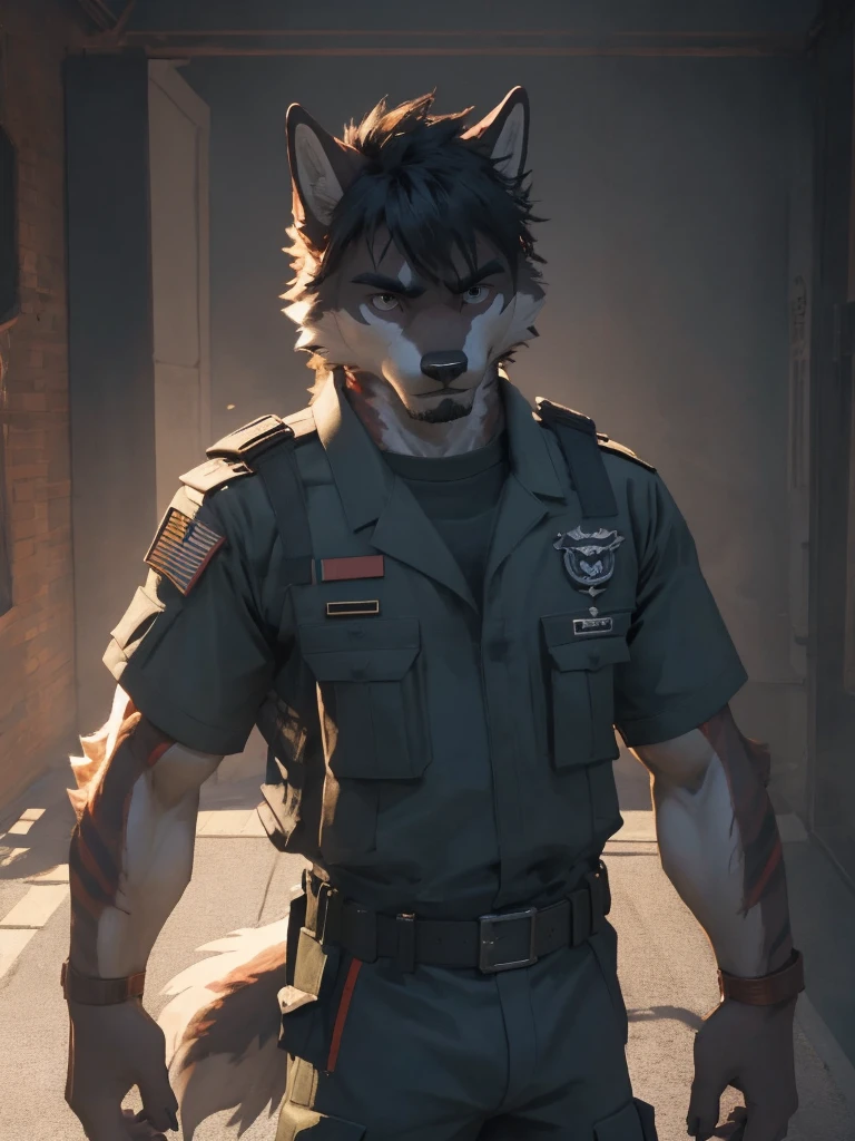 Male, male focus, Wolf, black fur, white fur, short hair, black hair, red heart stripes on his hair, realistic eyes, scar, 20 years old, navy seal military uniform, military cruiser, dramatic effect, dramatic light, shadow, shade, higlight, high quality, high details, High detailed image, high quality image, Very detailed shadows, high detail shadows, night