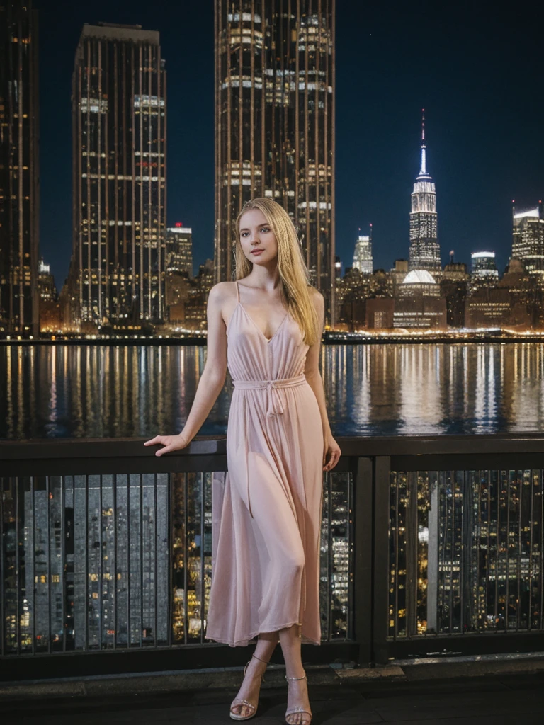 her name is Marie, high quality, 1girl, ((20-year-old fit Caucasian woman)), ((20 years old)), ((fit)), ((pale skin tone)), medium length straight blonde hair , wearing Pastel Pink Tie-Dye Maxi Dress, pose: standing, background:Describe the iconic New York City skyline at night, with the shimmering lights of skyscrapers reflecting off the Hudson River and the Empire State Building standing tall against the starry sky