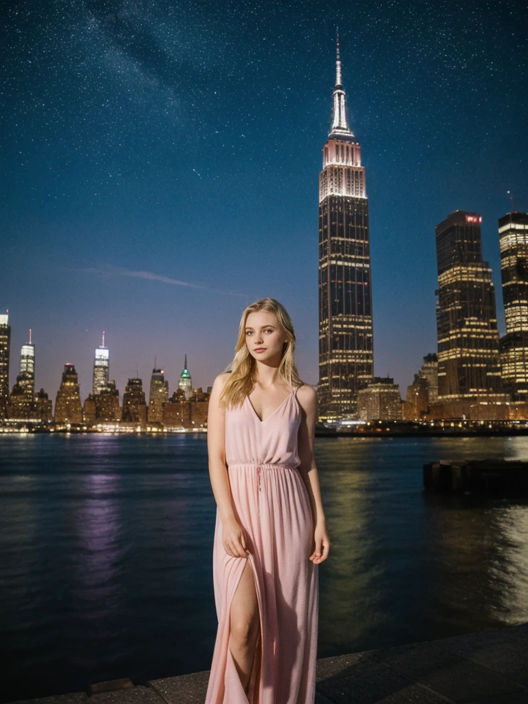 her name is Marie, high quality, 1girl, ((20-year-old fit Caucasian woman)), ((20 years old)), ((fit)), ((pale skin tone)), medium length straight blonde hair , wearing Pastel Pink Tie-Dye Maxi Dress, pose: standing, background:Describe the iconic New York City skyline at night, with the shimmering lights of skyscrapers reflecting off the Hudson River and the Empire State Building standing tall against the starry sky