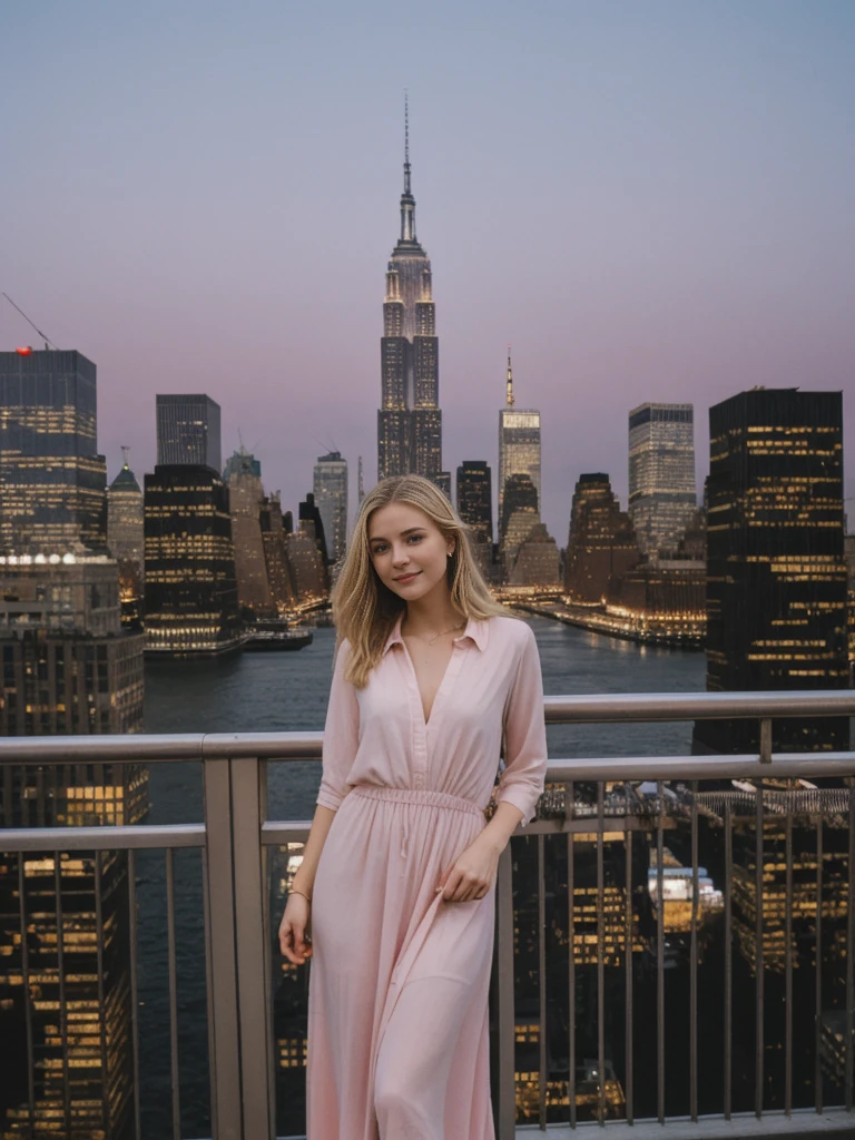 her name is Marie, high quality, 1girl, ((20-year-old fit Caucasian woman)), ((20 years old)), ((fit)), ((pale skin tone)), medium length straight blonde hair , wearing Pastel Pink Tie-Dye Maxi Dress, pose: standing, background:Describe the iconic New York City skyline at night, with the shimmering lights of skyscrapers reflecting off the Hudson River and the Empire State Building standing tall against the starry sky