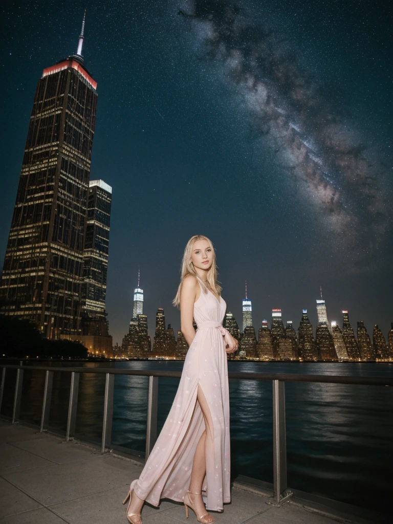 her name is Marie, high quality, 1girl, ((20-year-old fit Caucasian woman)), ((20 years old)), ((fit)), ((pale skin tone)), medium length straight blonde hair , wearing Pastel Pink Tie-Dye Maxi Dress, pose: standing, background:Describe the iconic New York City skyline at night, with the shimmering lights of skyscrapers reflecting off the Hudson River and the Empire State Building standing tall against the starry sky