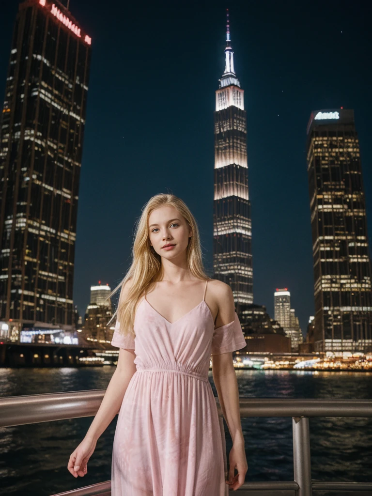 her name is Marie, high quality, 1girl, ((20-year-old fit Caucasian woman)), ((20 years old)), ((fit)), ((pale skin tone)), medium length straight blonde hair , wearing Pastel Pink Tie-Dye Maxi Dress, pose: standing, background:Describe the iconic New York City skyline at night, with the shimmering lights of skyscrapers reflecting off the Hudson River and the Empire State Building standing tall against the starry sky
