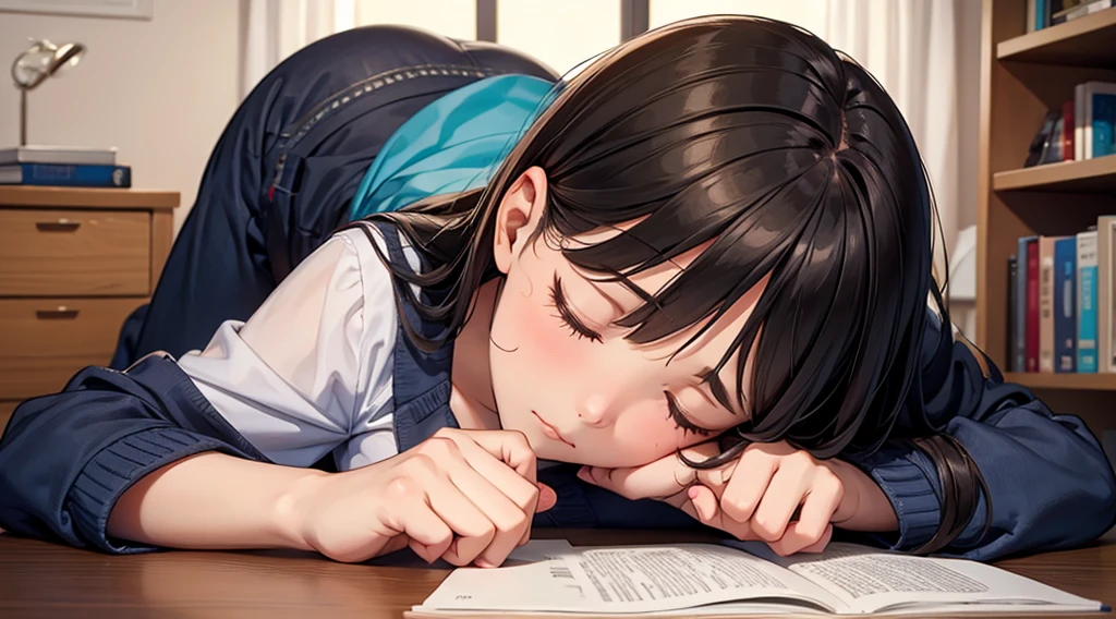 Cute girl with emphasized breasts falls asleep face down while studying