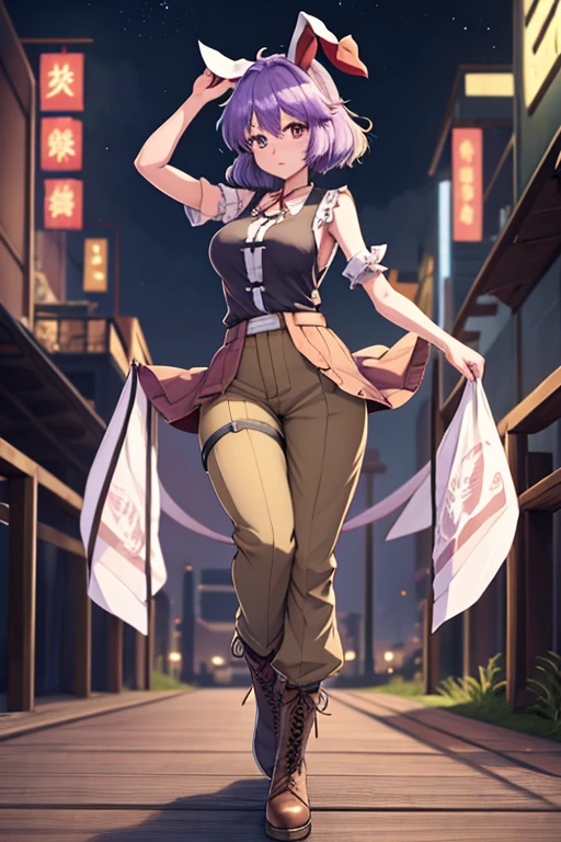 1Girl, Touhou, Reisen Inaba, Rainforest backgorund, short hair, purple light hair color, Military pattern pants, dark brown boots, Female military tanktop (dirty), wide shot, full body, standing