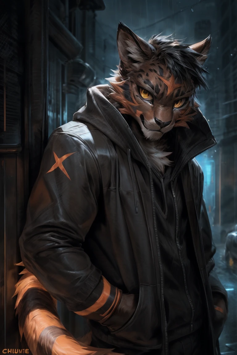 4k, ,8K, A high resolution, best quality, perfect colors, perfect shadows, perfect lighting, posted on e621, (by Chunie, by canyne khai, by t.y.starale), male, furry, Torracat(Pokemon), Torracat,Pokemon,anthro, solo, yellow eyes, (Realistic eye details 1.2), night city, rain, (Realistic Rain detail), Streetwear Hoodie wear, Full body like, muscularbody, leaning against the wall, dramatic lighting, soft lighting, day, highly detail, Hair coiled, delight, Standing up position, cool pose charm, Abstract beauty, centre, Looking at the camera, Facing the camera, nearing perfection, Dynamic, highly detailed, illustration, (Realistic background), (Leopard Tail), ((Bonifasko lighting)), (Detailed eyes), perfect pupils, detail eyes, detail fluffy fur, (seductive face:1.2), fit body, Looking at the camera,, fit body, perfect male figure, Detailed fur, Detailed face, Perfect face, Detailed background, (Complex), (Super Detail), (Ultra Clear), (Best Quality)
